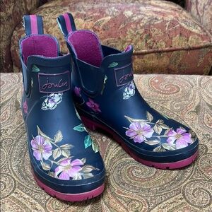 Joules Blue and Pink Winter Rain Boots Floral Design